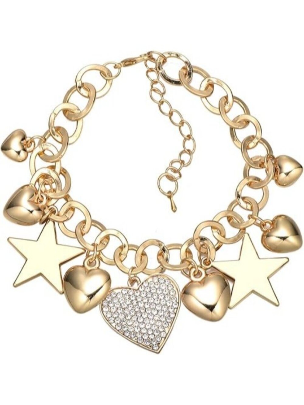 Stars And Hearts Charm 7"+ 2" Extender 14K Gold Love Bracelet